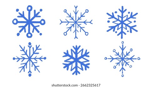Conjunto de dibujo de copo de nieve de tiza en textura de crayón. Lindos Elementos de invierno dibujados a mano para Navidades Clipart, Diseños escolares o fondos helados. Infantil y juguetón, con encanto desigual nevado.