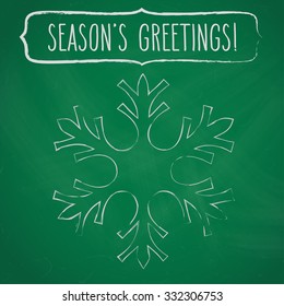 Chalk snowflake and a frame with hand written season's greetings over green chalkboard.