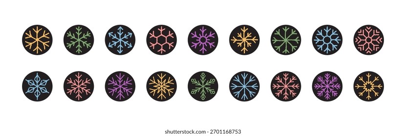 Rótulo floco de neve de giz definido em preto e pastel em ornamento redondo. Empacotar selo e ícone de tampa como ilustração em círculo. Gráfico de Natal para o pacote do produto, design de etiqueta festiva decorativa em pastel