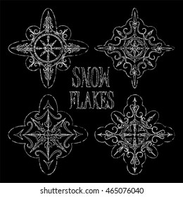 Chalk snowflakes on black background for winter design. Chalkboard mandala vector clipart for wedding invitation, seasonal greeting card, digital paper. Stylish hand-drawn snow flakes doilies