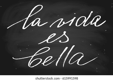 Chalk spanish phrase chalkboard blackboard handwriting life is beautiful la vida es bella. Handwritten text, chalk on a blackboard, vector. Each word is on the separate layer