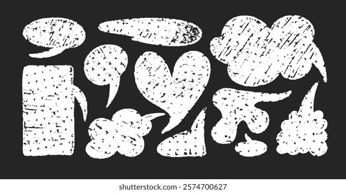 Chalk speech bubble set. Crayon dialogue cloud frame by pencil. Talk cute charcoal box. Doodle vector illustration on black background