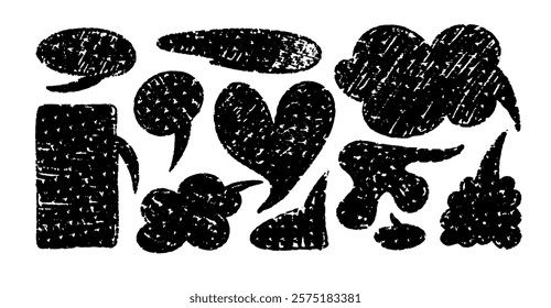 Chalk speech bubble set. Crayon dialogue cloud frame different forms by pencil. Circle, heart, abstract talk cute charcoal box. Doodle vector illustration