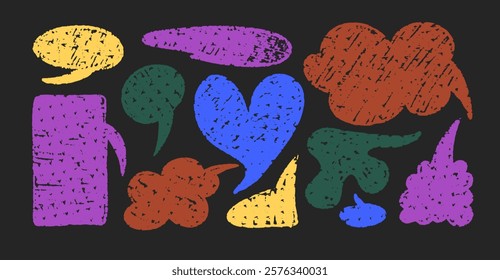 Chalk speech bubble set. Crayon color dialogue cloud frame different forms by pencil. Circle, heart, abstract talk cute charcoal box. Doodle vector illustration on blackboard