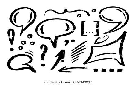 Chalk speech bubble set. Crayon dialogue cloud frame by pencil. Arrow, line, emphasis, dots, signs, talk cute charcoal box. Doodle vector illustration