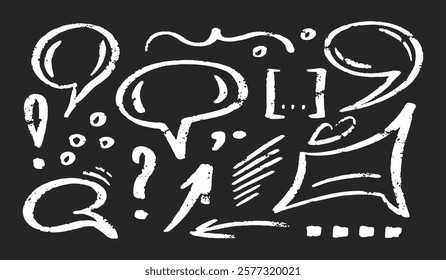 Chalk speech bubble set. Crayon dialogue cloud frame by pencil. Arrow, line, emphasis, dots, signs, talk cute charcoal box. Doodle vector illustration on blackboard