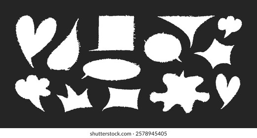 Chalk speech bubble set. Crayon color dialogue cloud frame different forms by pencil. Hand drawn Circle, heart, abstract talk cute charcoal box. Doodle vector illustration on blackboard
