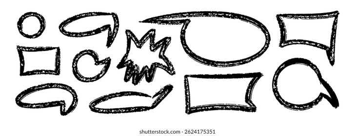Chalk speech bubble set. Crayon dialogue cloud frame different forms by pencil or marker. Circle, heart, abstract talk cute charcoal box. Doodle vector illustration