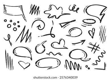 Chalk speech bubble set. Line, arrow, scribbles, underlines, swirls doodle elements. Crayon dialogue cloud frame different forms by pencil. Circle, heart, abstract talk cute charcoal box.