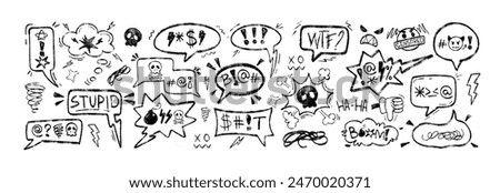 Chalk speech bubbles with swear words, curses, skull icon, censored with symbols in crayon grunge doodle style. Hand drawn black charcoal pencil swearwords for negative expression, angry or bad mood.