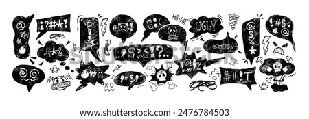 Chalk speech bubbles with swear words, insults, curses, skull and evil icons, censored with symbols in doodle style. Hand drawn black crayon texture swearwords for aggressive anger, bad mood or angry.