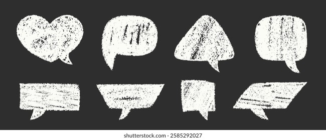 Chalk Speech Bubbles Vector Set. Crayon Scribble Talking Clouds Shapes Collection. Blackboard Hand Drawn Brush Texture Dialogue Frames. Pencil Emphasis Elements Charcoal Doodle Talk Balloons Bundle