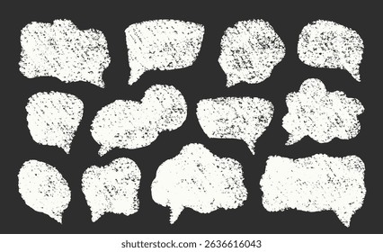 Chalk Speech Bubbles Vector Set. Crayon Scribble Talking Clouds Shapes Collection. Blackboard Hand Drawn Brush Texture Dialogue Frames. Pencil Emphasis Elements Charcoal Doodle Talk Balloons Bundle