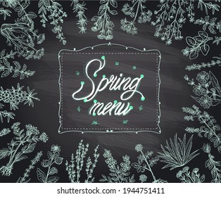 Chalk Spring Menu With Herbal Frame On A Blackboard, Vector Hand Drawn Graphic Illustration For Seasonal Spring Menu, Eco Style