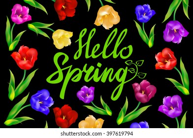 Chalk spring template. Hello spring! Spring blossoms on branches on blackboard background. Vector card template. You can place your text in the center. art
