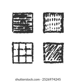 Chalk squares and boxes. Crayon hand drawn pencil frames. Charcoal brush straight texture. Scribble black lines strokes vector set. Squares drawn in chalk with different filling