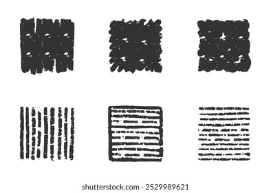 Chalk squares and boxes. Crayon hand drawn pencil frames. Charcoal brush straight texture. Scribble squares with different filling, full and with horizontal or vertical lines