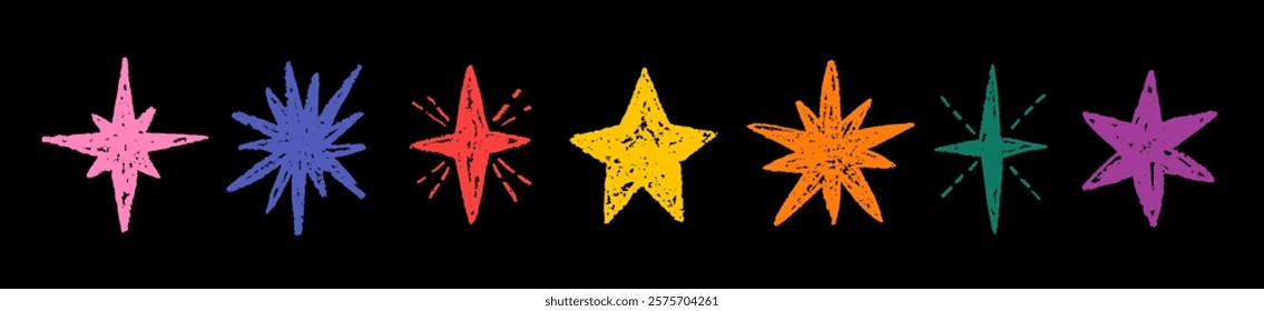 Chalk star on chalkboard. Blackboard with doodle vector star. Crayon sketch, hand drawn kid art. Christmas, Birthday scribble. Color icon on chalk board bg. Space pattern, pastel blackboard background