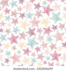 Chalk star pattern. Crayon style star print. Children drawing stars hand drawn wax crayons art. Color pastel crayons freehand drawn stars background. Color seamless fabric abstract texture. Doodle art