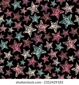 Chalk star pattern. Crayon style star print. Children drawing stars hand drawn wax crayons art. Color pastel crayons freehand drawn stars background. Color seamless fabric abstract texture. Doodle art
