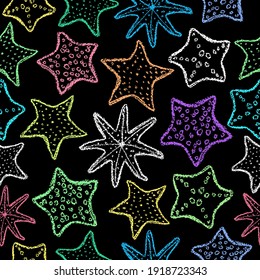 Chalk starfish background. Children drawing starfish hand drawn wax crayons art on black. Crayon style ocean animal backdrop. Color pastel crayons freehand drawn marine background. Fabric starfish.