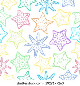 Antecedentes de la estrella de mar. Niños dibujando lápices de colores de cera dibujados a mano en blanco. Fondo de animales oceánicos al estilo de los cañones. Color pastel de los cielos fondo marino dibujado a mano alzada. Starfish de tela.