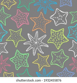 Chalk starfish background. Children drawing starfish hand drawn wax crayons art on grey. Crayon style ocean animal backdrop. Color pastel crayons freehand drawn marine background. Fabric starfish.