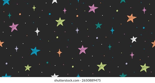 Chalk stars seamless pattern. Starry Christmas night sky with pastel hand drawn color crayon stars on dark background. Vector magic space or universe sketch texture for childish nursery wallpaper.