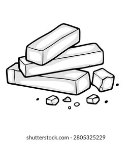 Chalk sticks pile isolated vector illustration, black and white hand drawn wax crayons or pastel bars