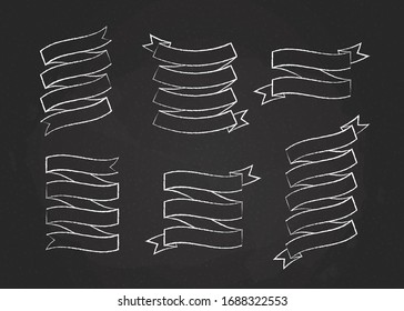 Chalk stroke blank label ribbon vector set illustration. Vintage design white chalk style curly ribbon labels and curved scroll flags or sticker banners with blank space for premium offer advertising