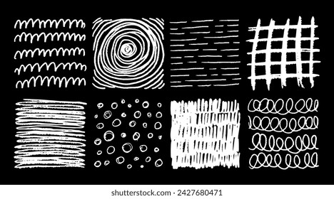 Chalk stroke pattern. white crayon doodle scrawl. Hand drawn sketch texture with chalk lines. Cross or parallel hatch. White grunge backgrounds. Vector square hatching shapes set