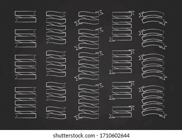 Chalk stroke ribbon template banner vector collection illustration. Vintage design curly ribbon labels and curved scroll flags or sticker banners with blank space for website business promotion.