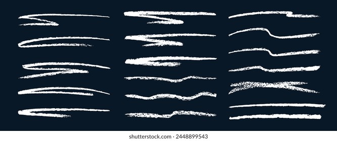 Chalk strokes line. Set of white hand drawn brush lines different forms on black background.Rough charcoal strokes and lines.Hand drawn brush elements for notes, highlighting and underlining in text