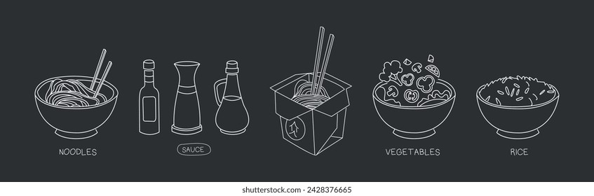 Chalk Style Asian Cuisine Dish Ingredient Vector Set