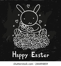 Chalk style background with bunny in flowers.