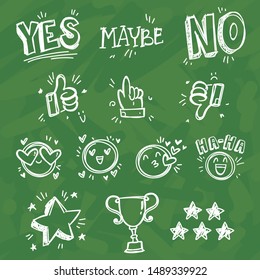 Chalk style doodles with text on green school board. Hand drawn vector illustrations in outline sketch drawing style