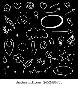 Chalk Style Hand Drawn Doodles Set on Dark Background. Arrows, Hearts, Stars, Flowers and Fun Elements. Vector illustration.