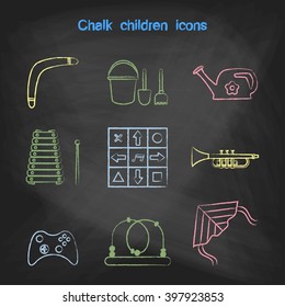 CHALK style icons set. Children's toys collection of vector icons. Outline vector xylophone, pipe, tube, a dance mat, boomerang, a joystick, a maze, a kite, watering can, bucket, shovel, rake