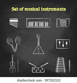 CHALK style music icons set. Children's toys collection of vector icons. Outline vector drum, pipe, flute, piano, keys, maracas, harmonica and other musical instrument