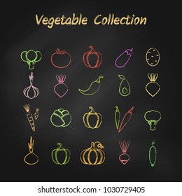 Chalk style outline vegetable icon set isolated on black chalkboard. Vector illustration with set of green, red and yellow grunge contour vegetables for organic market logo or fresh eco product symbol