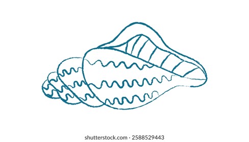 Chalk style seashell doodle. Flat marine creature illustration. Aquatic context, ocean theme, versatile for summer designs.