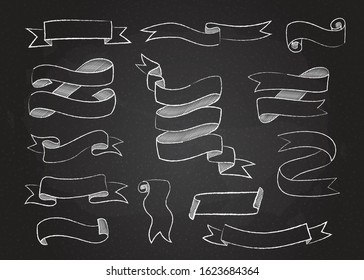 Chalk style sketchy ribbon set vector illustration. Hand drawn elegant banners collection with curved ribbons sketch and curled doodle flags on black chalkboard for vintage cafe board menu design