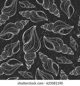Chalk style vector illustrations - seamless pattern of seashell.