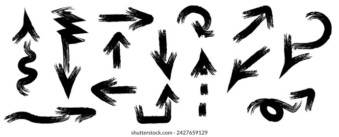 Chalk texture Arrows set. Hand drawn Doodle charcoal effect Arrow collection for crayon brush design. Scratch shape. Crayon texture effect. Vector illustration. EPS 10