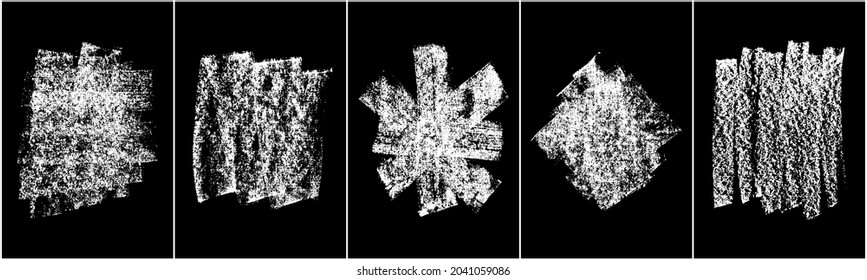 Satz von handgezeichnet in Kreide auf schwarzem Hintergrund. Weiße Textur. Monochrome Färbeelemente. Aufgerissene Wirkung. Digitales Bild. Vektorgrafik, Eps10.