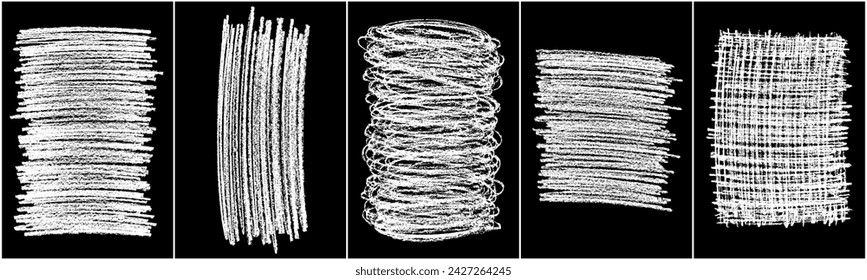 Textura de tiza sobre fondo negro. Trazo de pincel blanco. Fondo abstracto. Dibujo a mano. Establecer ilustración vectorial.