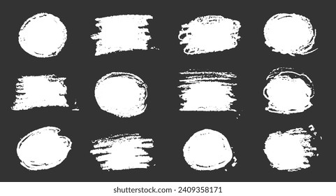 Juego de manchas de textura de charla. Colección de manchas de efecto de doodle de fondo de tiza dibujada a mano para el diseño de pincel de crayón, forma de marco de arañazos. Efecto de lápiz de textura de crayón. Ilustración vectorial.
