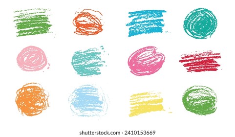 Chalk texture stain set. Hand drawn chalk background doodle effect stain collection for crayon brush design, scratch frame shape. Crayon texture pencil effect. Vector illustration.