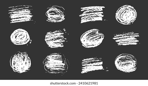 Chalk texture stain set. Hand drawn chalk background doodle effect stain collection for crayon brush design, scratch frame shape. Crayon texture pencil effect. Vector illustration.