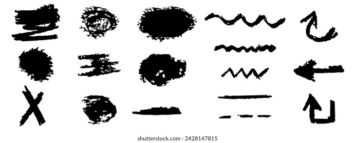 Juego de manchas con textura de tiza. Colección de manchas de efecto tiza Doodle dibujado a mano para el diseño de pincel de crayón. Forma de marco de arañazo. Flechas Formas geométricas. Efecto de lápiz de textura de lápiz. Ilustración vectorial EPS 10